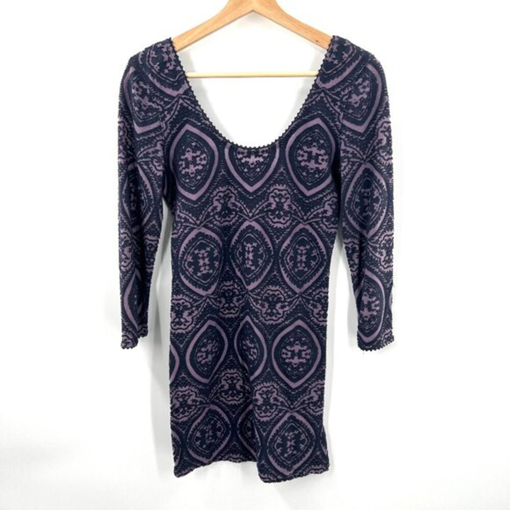 FREE PEOPLE Masquerade Belle 3/4 sleeve bodycon mini dress boho purple sexy S